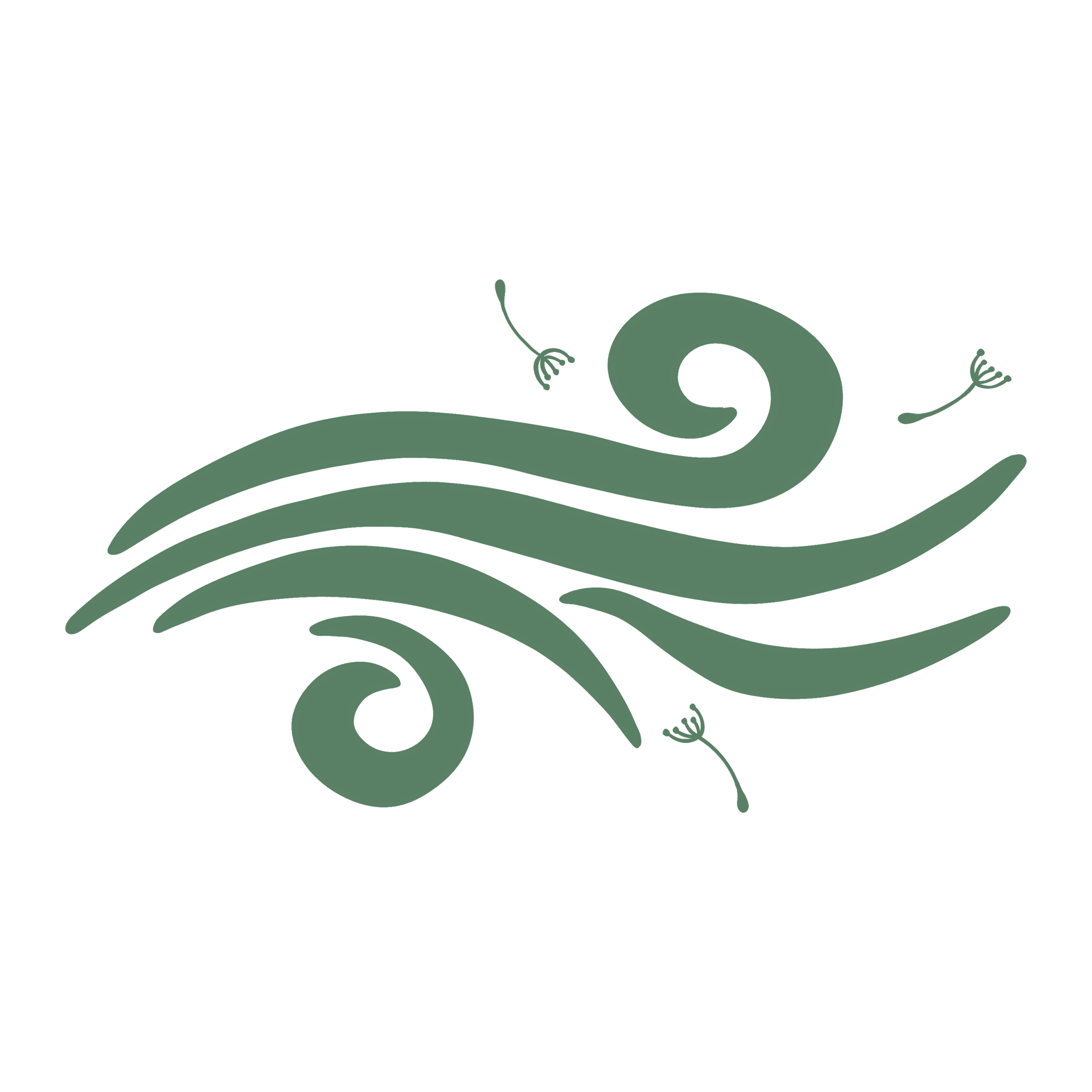Stylized illustration of wind with with swirling dandelion seeds on a transparent background.