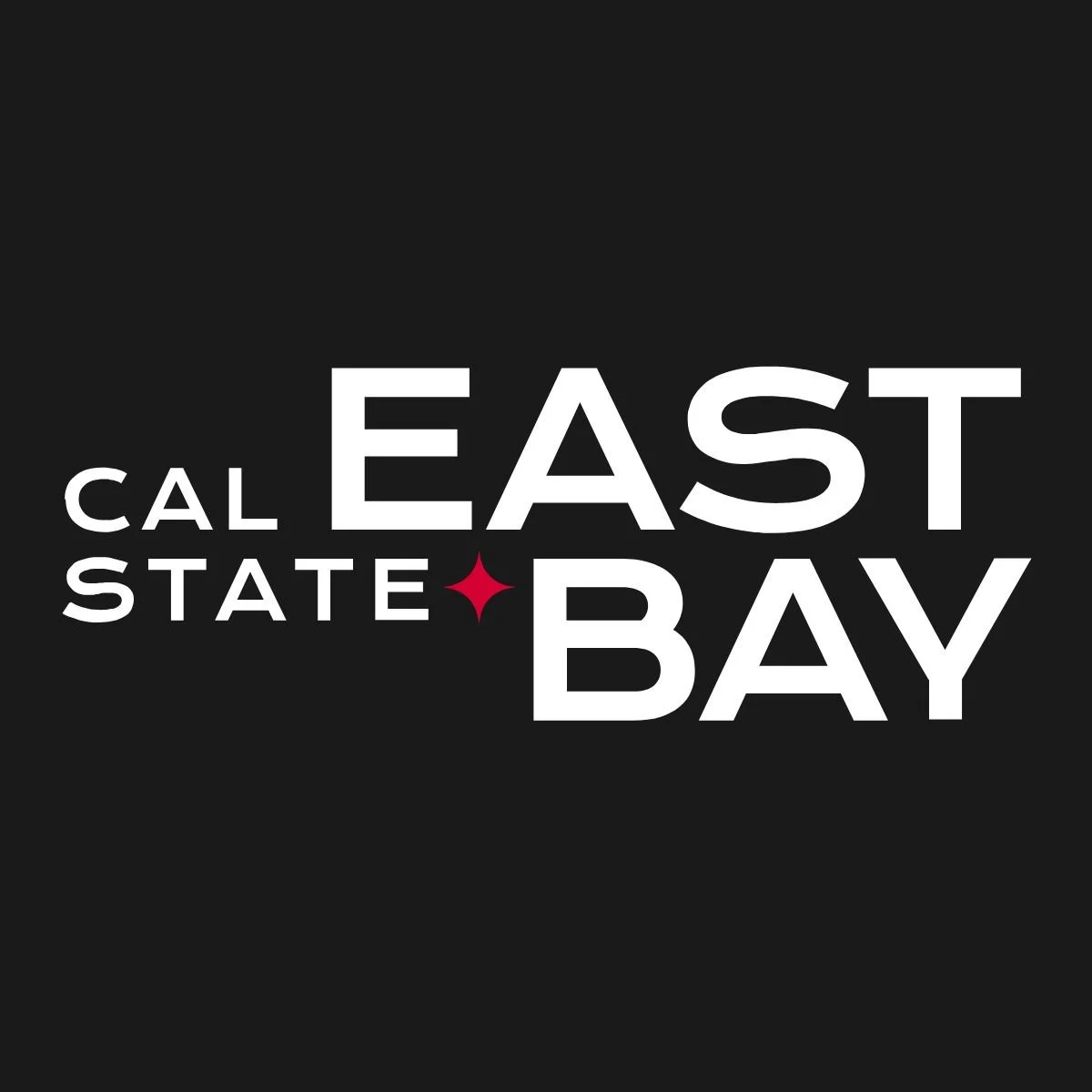 Graphic design with black background and white text reading "Cal State East Bay" with a red star symbol.