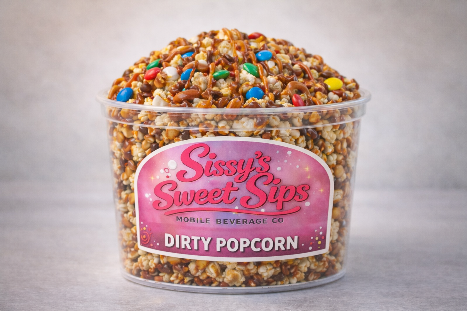 Dirty popcorn with sweet toppings served by Sissy’s Sweet Sips at events in Sevier County TN.