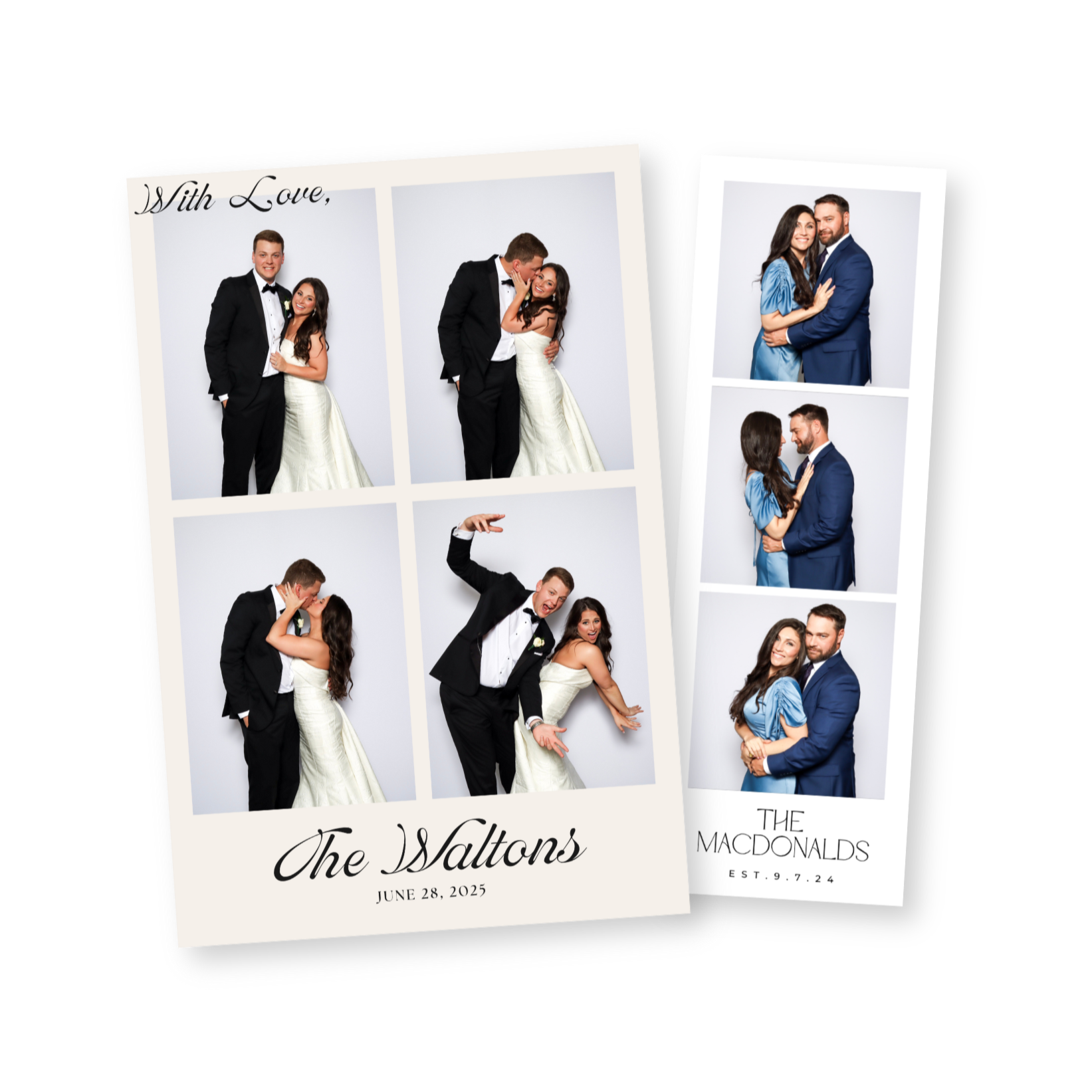 Two photo booth print layout examples showing digital template designs, one sized 2x6 and one sized 4x6. Keywords: photo booth templates, print layouts, wedding and event photo booth, West Tennessee vendor, custom overlays, unlimited captures.