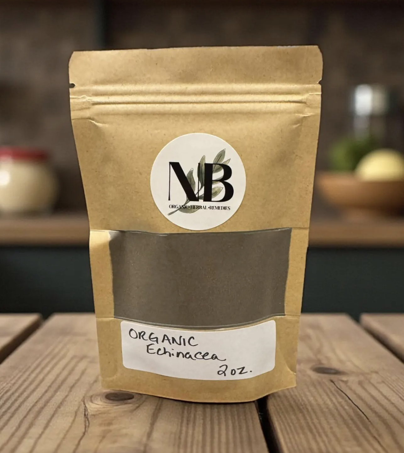 Close-up of stand-up bag of organic echinacea powder showing natural texture through packaging