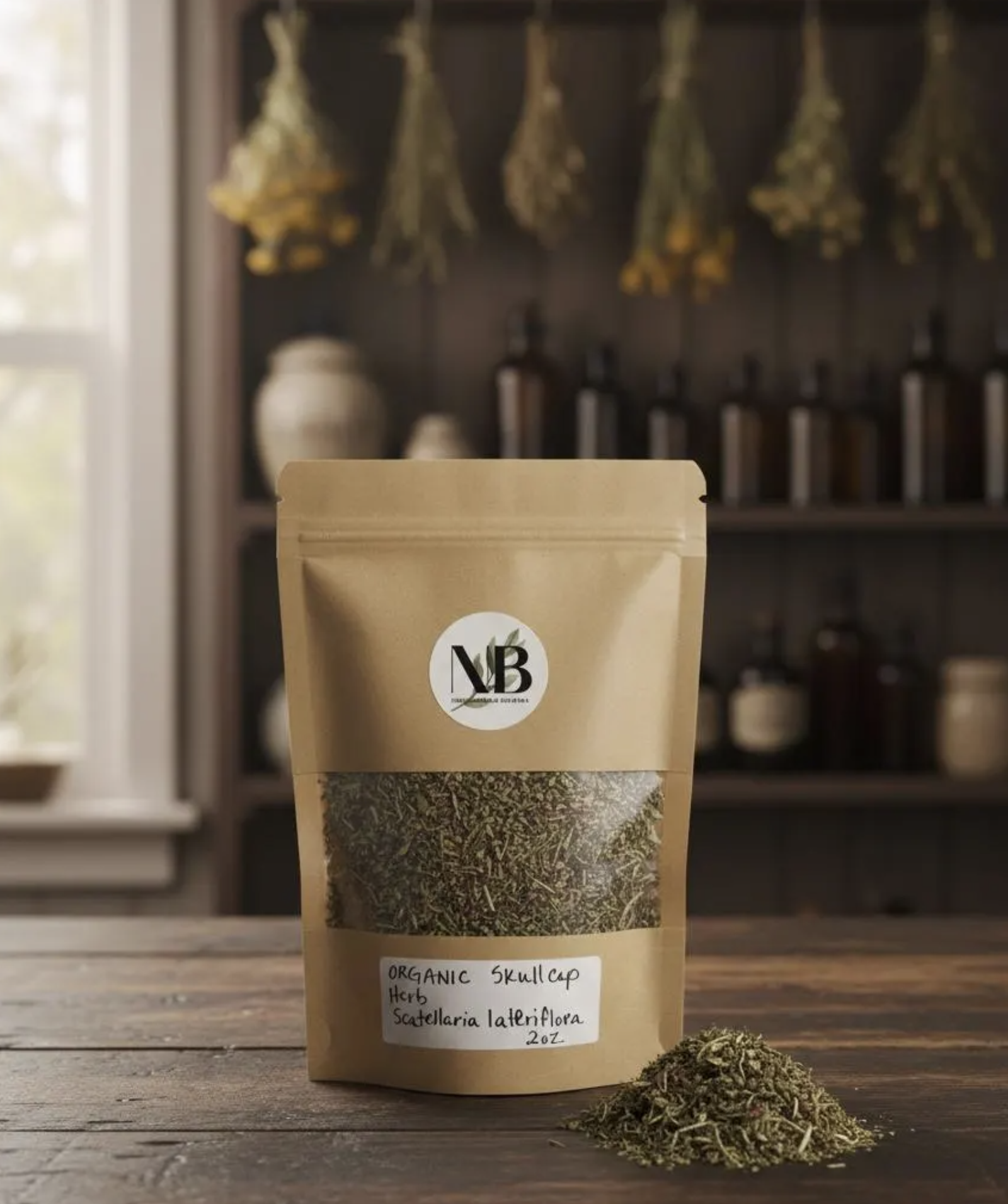 Organic skullcap herb in a bag, ready for herbal tea or tincture preparation in herbalist kitchen