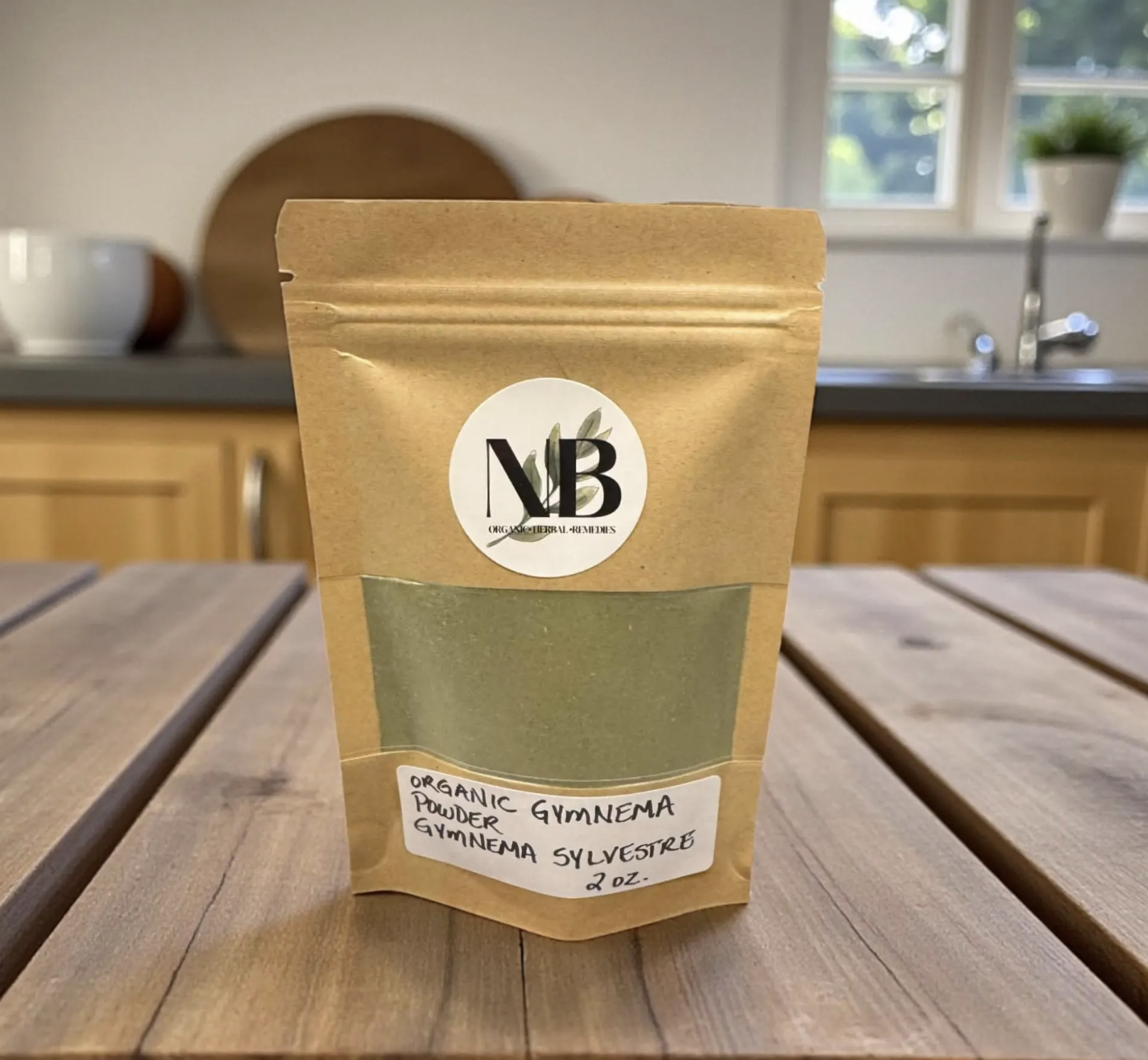 Close up of finely ground organic gymnema sylvestre leaf powder showing natural texture in a bag