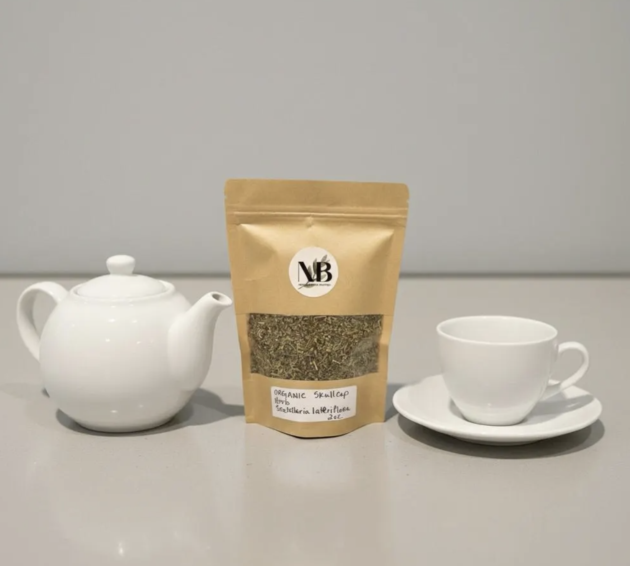 Organic skullcap herb displayed in a resealable stand-up pouch as a calming herbal supplement with white tea cup