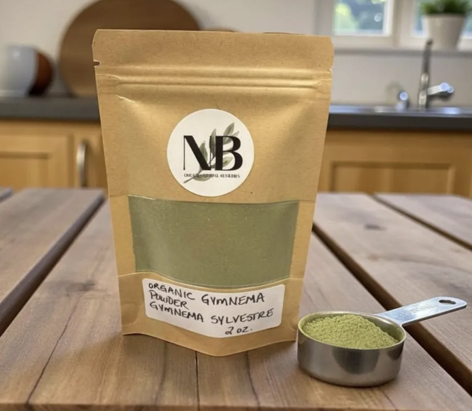 Organic gymnema powder in a glass jar with metal scoop on neutral background