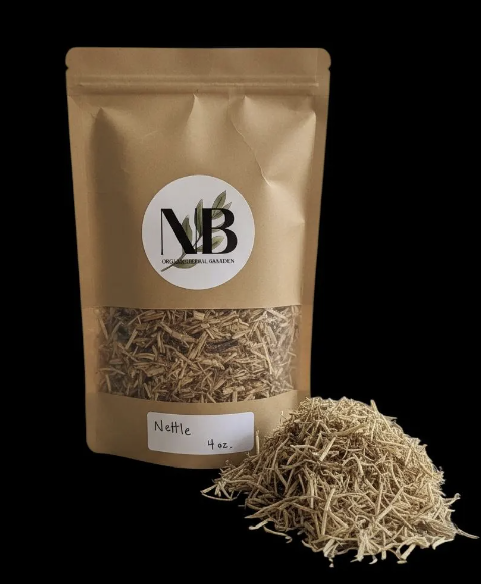 Close-up of organic nettle root showing cut and sifted texture for herbal use