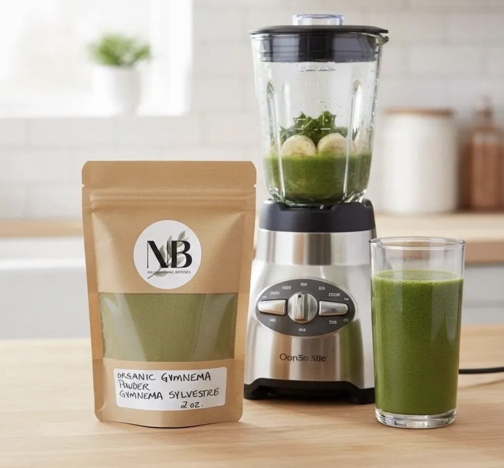 Gymnema powder added to a green smoothie as a plant based wellness supplement