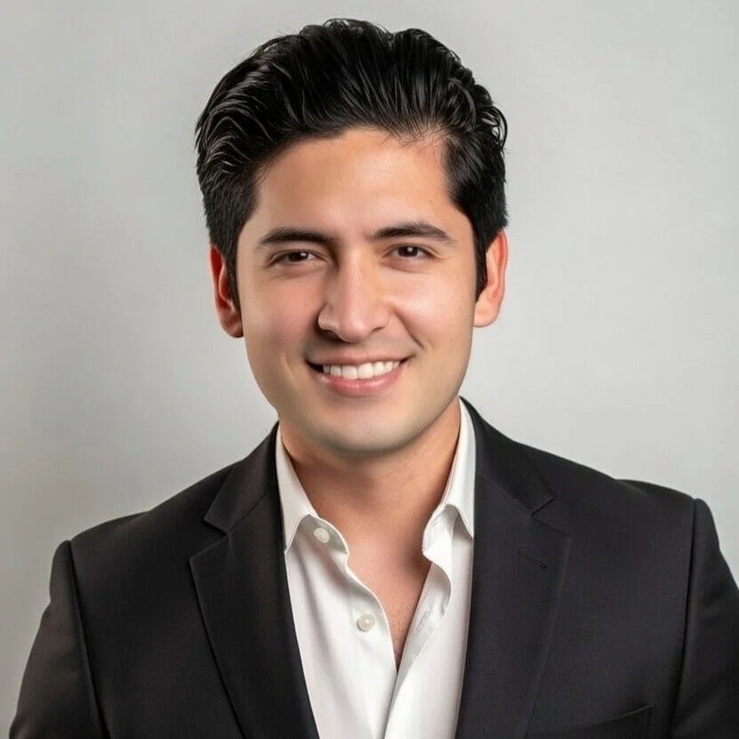 A young man with dark hair smiling, wearing a black jacket and lanyard, standing in front of a red background with silhouettes of two women facing each other.