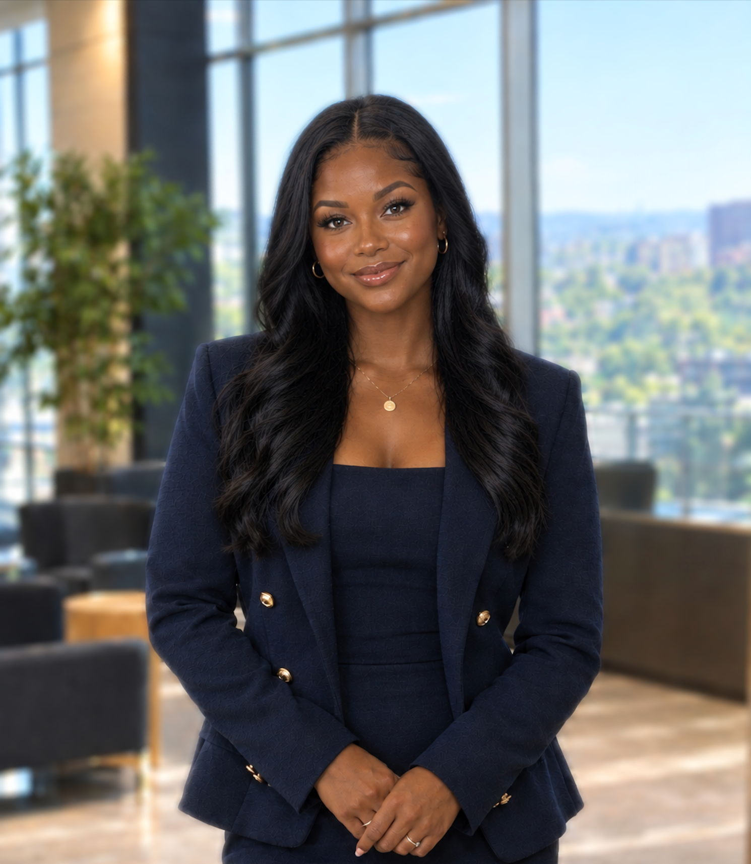 A woman with long black wavy hair wearing a navy blazer with gold buttons, a matching dress, gold hoop earrings, a delicate gold necklace with a pendant, and rings on her fingers, standing in a modern office with large windows showing a cityscape and a potted plant in the background.