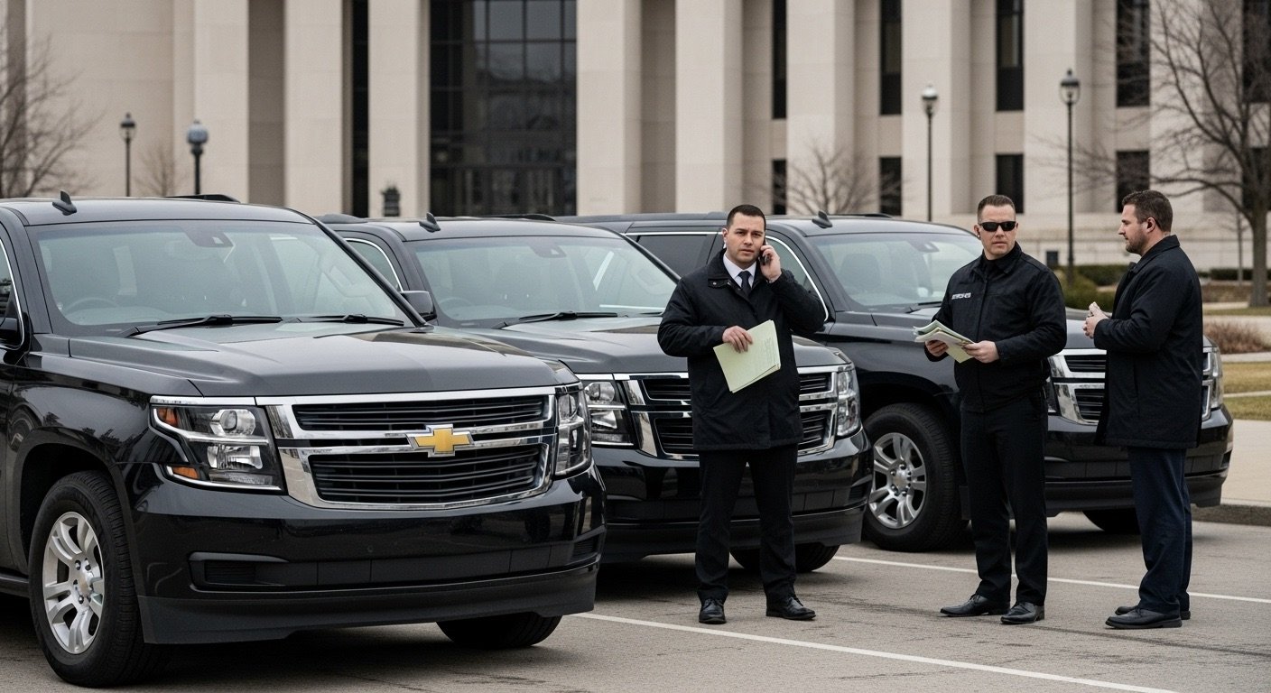Three men in formal black attire standing next to black Chevrolet vehicles, with two of the men holding documents and one on a cellphone, in a parking lot in front of a government or office building.