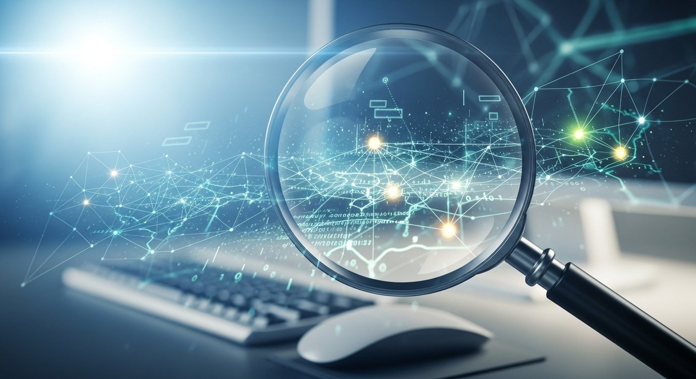 Digital network or data analysis concept with a magnifying glass over a computer keyboard and mouse, indicating vast data gathering for skip tracing.