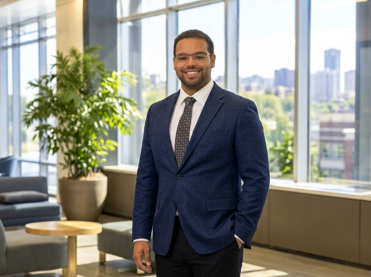 A man in a navy suit, white shirt, and patterned tie, smiling, standing in a modern office with large windows, a potted plant, and city buildings in the background.