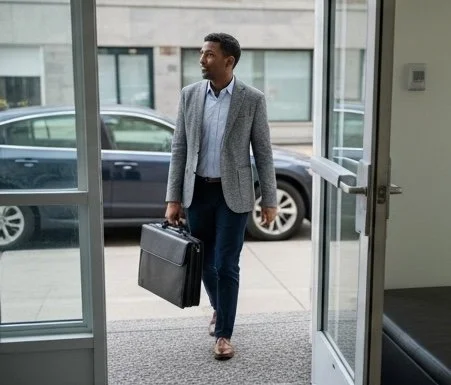 Mobile Notary in business attire carrying a briefcase, walking into a building.