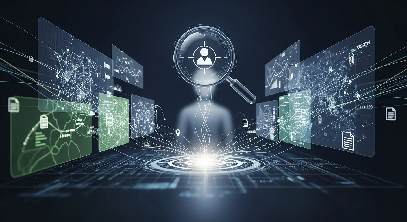 A digital illustration of data analysis and technology with floating screens displaying graphs, maps, and documents, centered around a magnifying glass with a user icon, symbolizing data search and analysis.