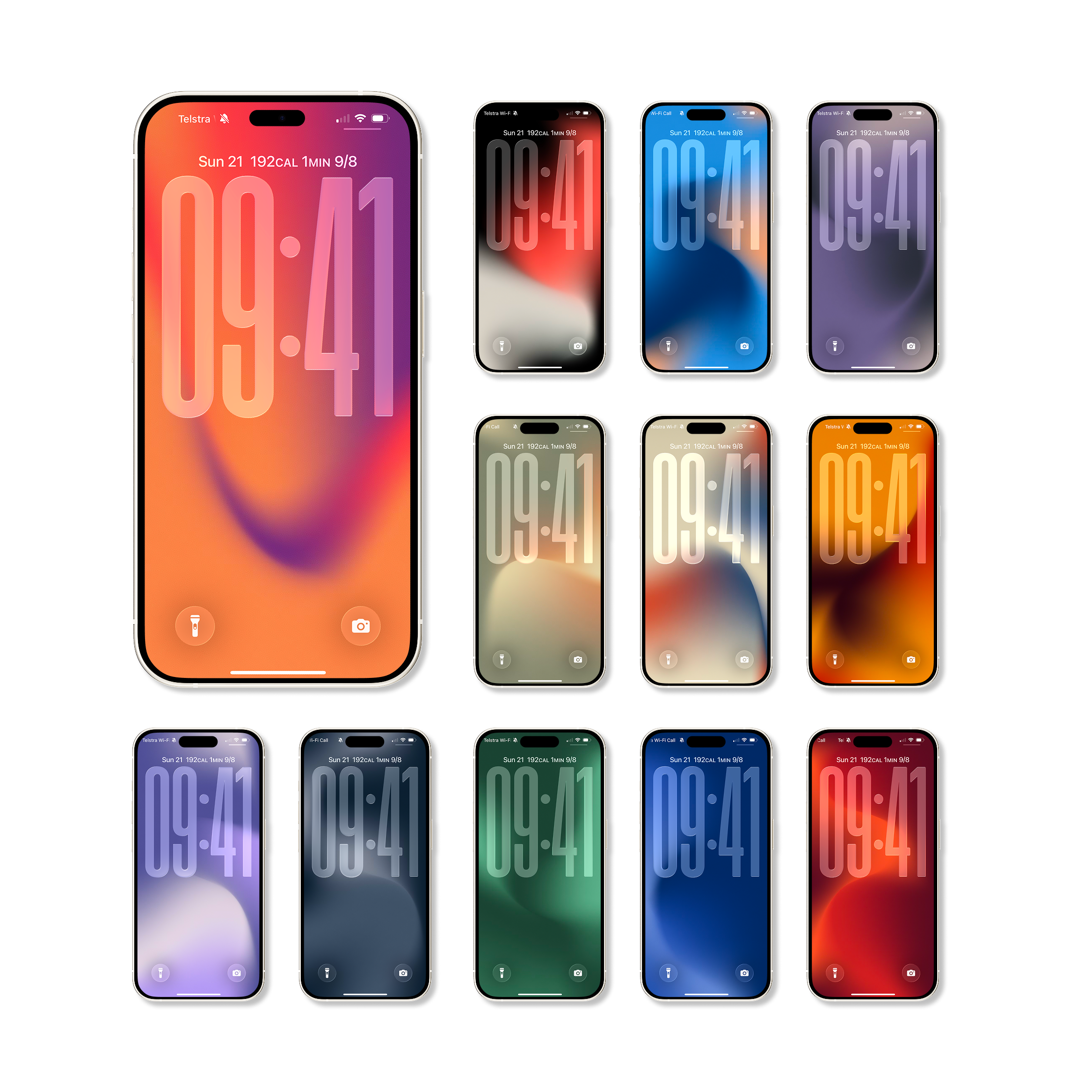 A collection of iPhones and iPhone cases in various colors, displaying different lock screens with time and date.