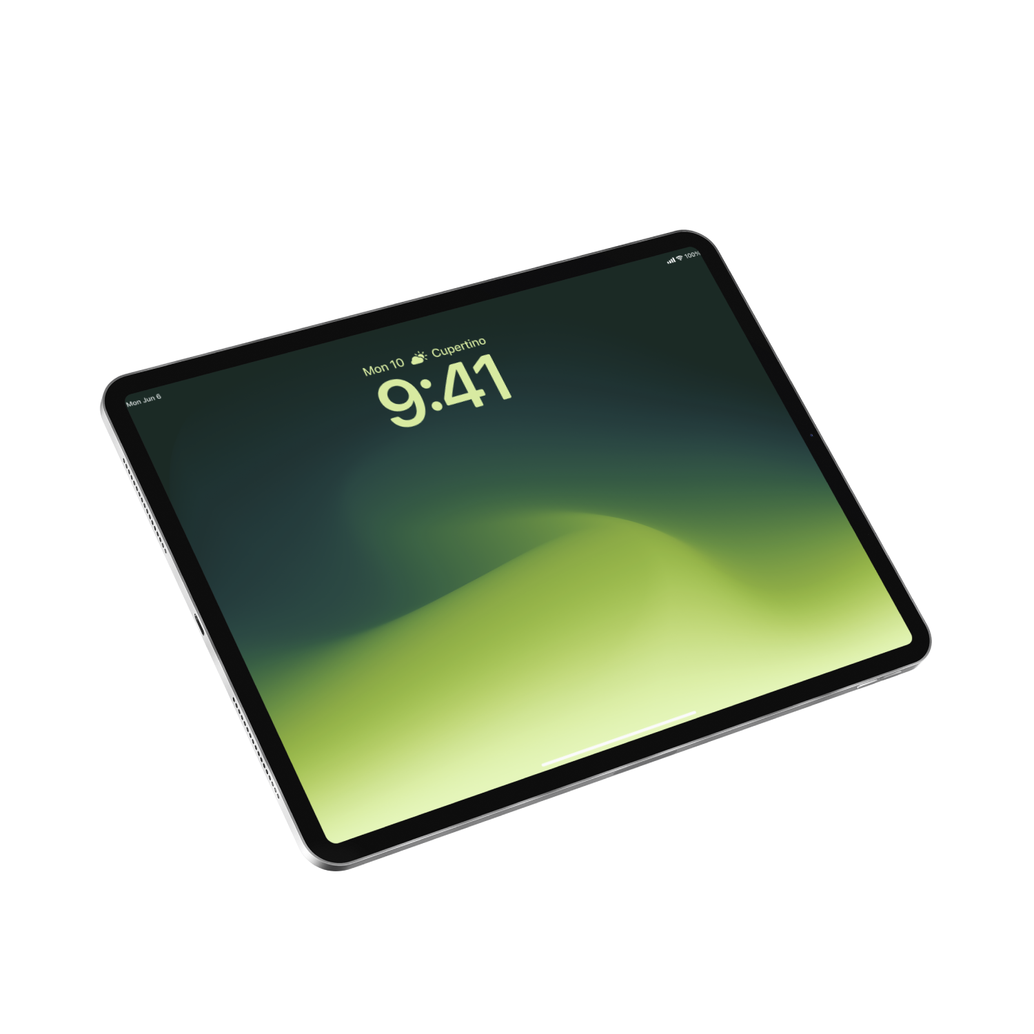 A digital tablet displaying the time 9:41 on the lock screen, with a background gradient in shades of green and blue, and the date and weather information at the top.