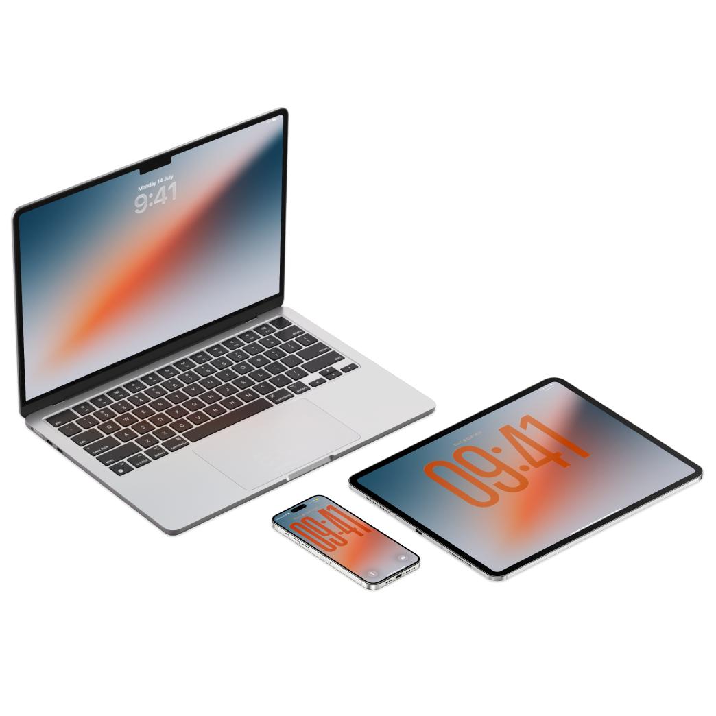 iPhone iPad MacBook mocks showcasing a stunning sunset vibe gradient wallpaper sets as screensavers and lock screen background.