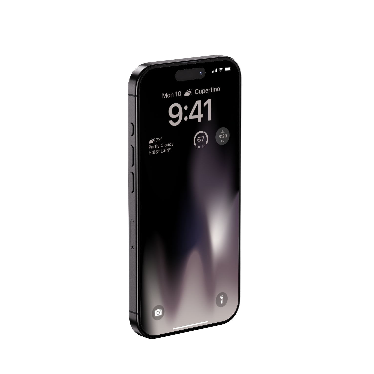 A black iPhone 14 with a dark screen showing the time 9:41, weather details, and health metrics, placed on a split black and light gray background.