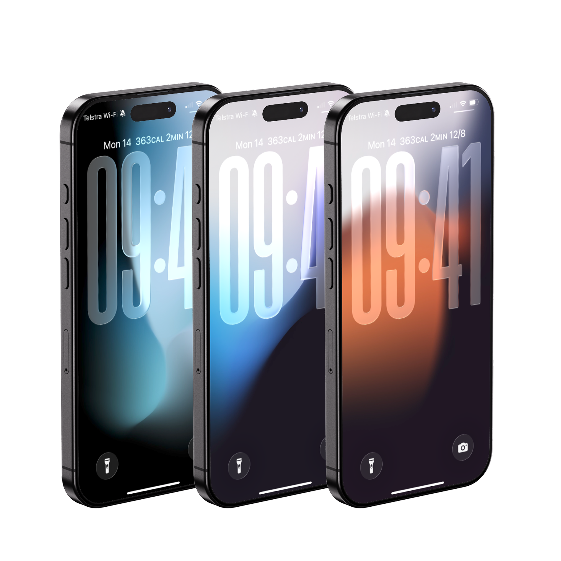 iPhone mocks showcasing a set of 3 gradient wallpapers in blue orange grey colors