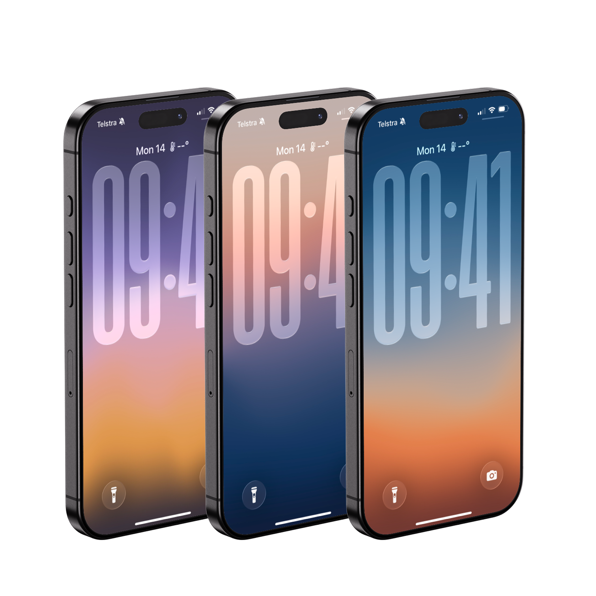 Three iPhones with different colored screens showing the time 09:41, arranged in a diagonal line on a white background.