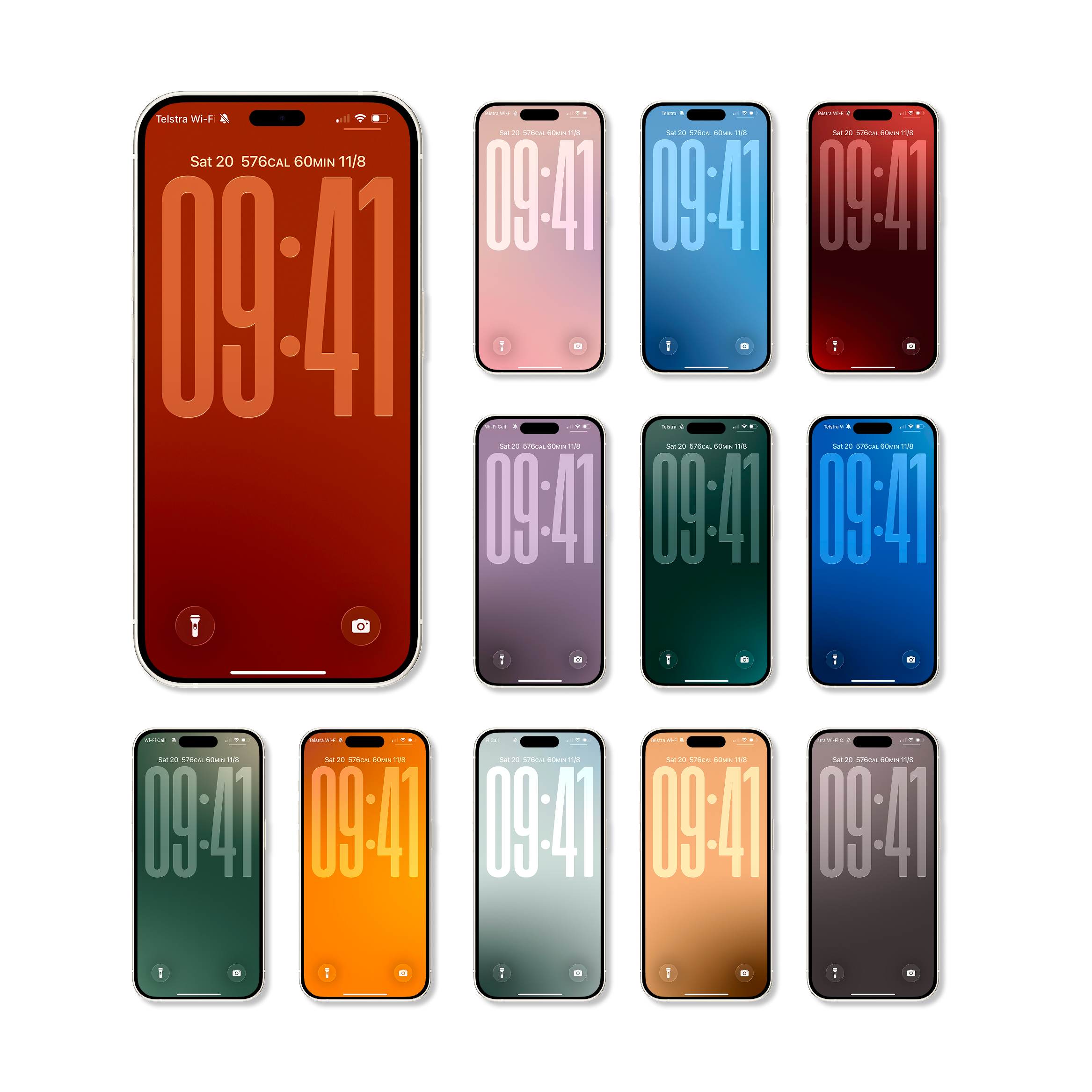 Collection of twelve smartphones in various colors, showcasing a range of gradient wallpapers in clean and minimalist design.