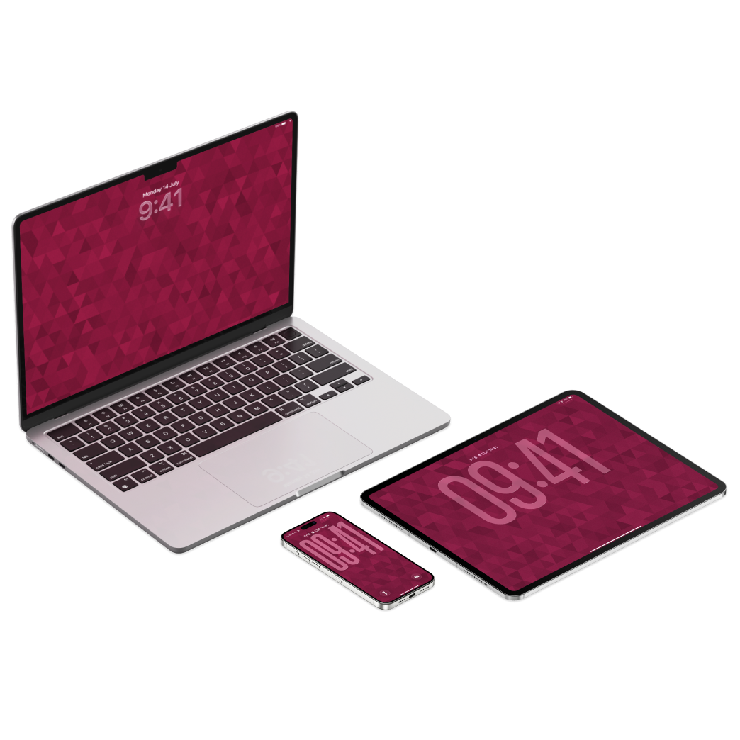 A silver laptop, a smartphone, and a tablet, all displaying a red geometric patterned screen with white digital clocks.