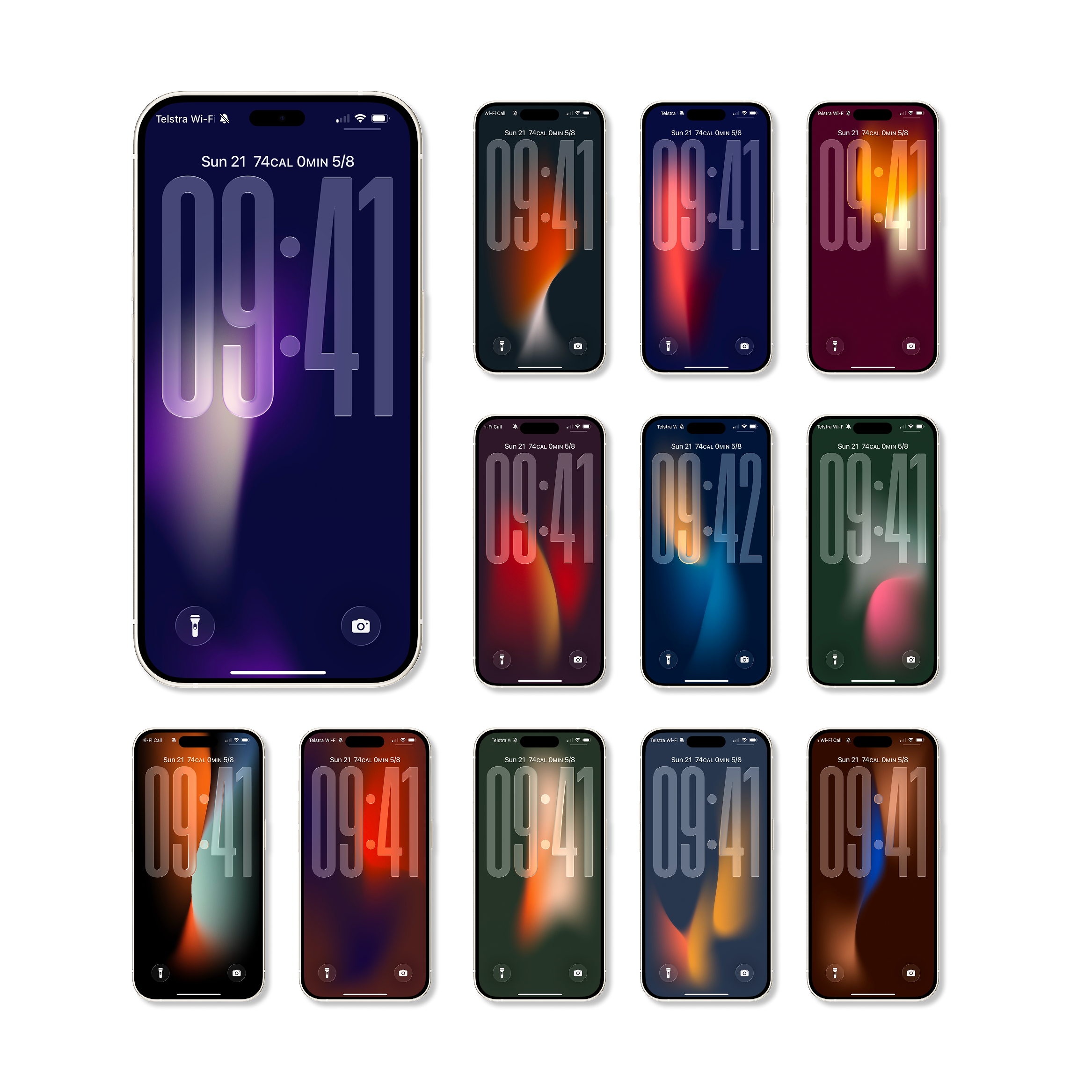 Multiple iPhones displaying different colorful wallpaper and time, arranged in a grid pattern on a white background.