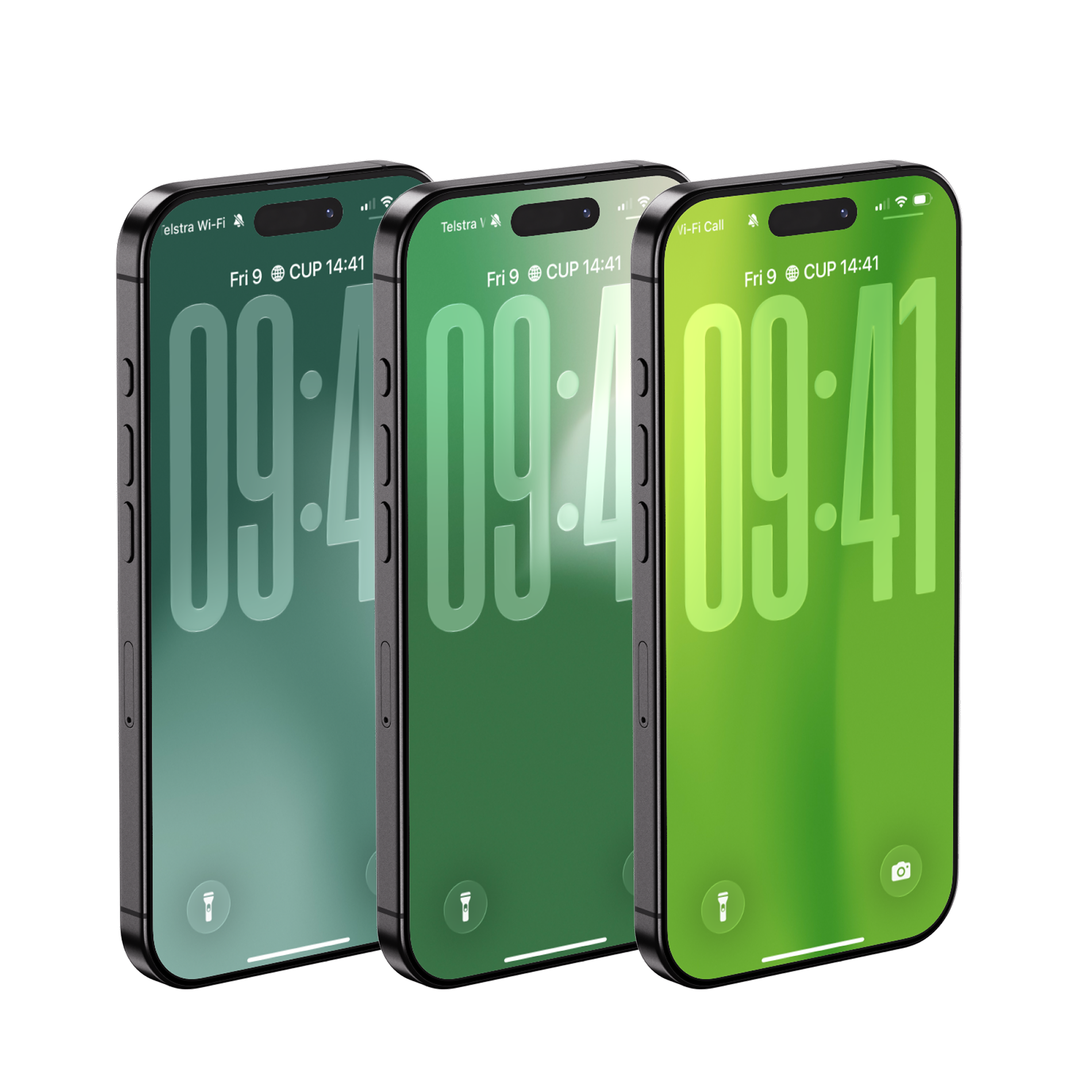 Three modern smartphones with different colored screens displaying the time 09:41 and date Friday 9, with various icons at the top indicating network and battery status.