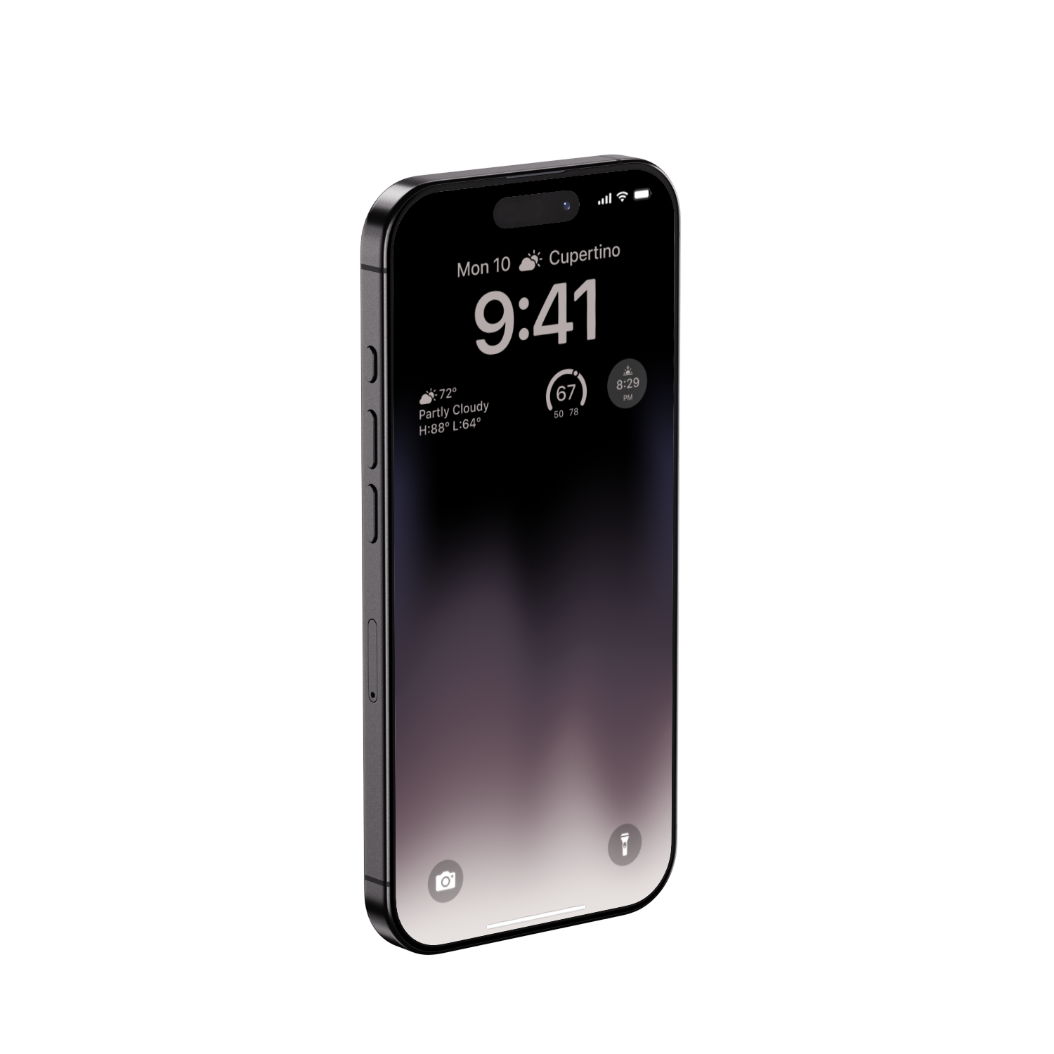 Close-up of a black iPhone with the screen showing the time 9:41, weather details, and app icons on a background split between black and light gray.