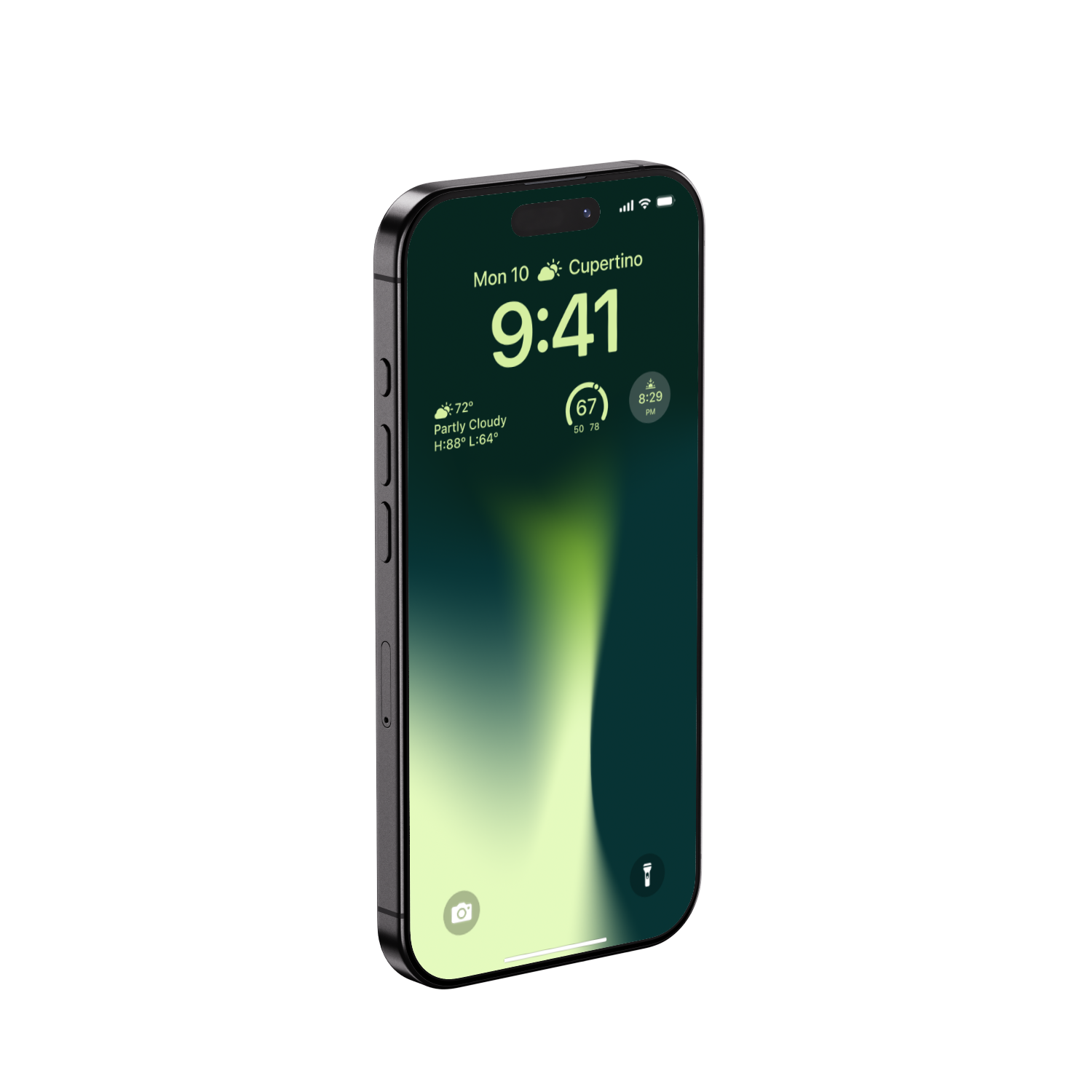 An iPhone displays the time 9:41 with weather info for Cupertino, partly cloudy, temperature 72°F, with details including humidity, humidity levels, and sunset time. The phone is standing against a light-colored surface.