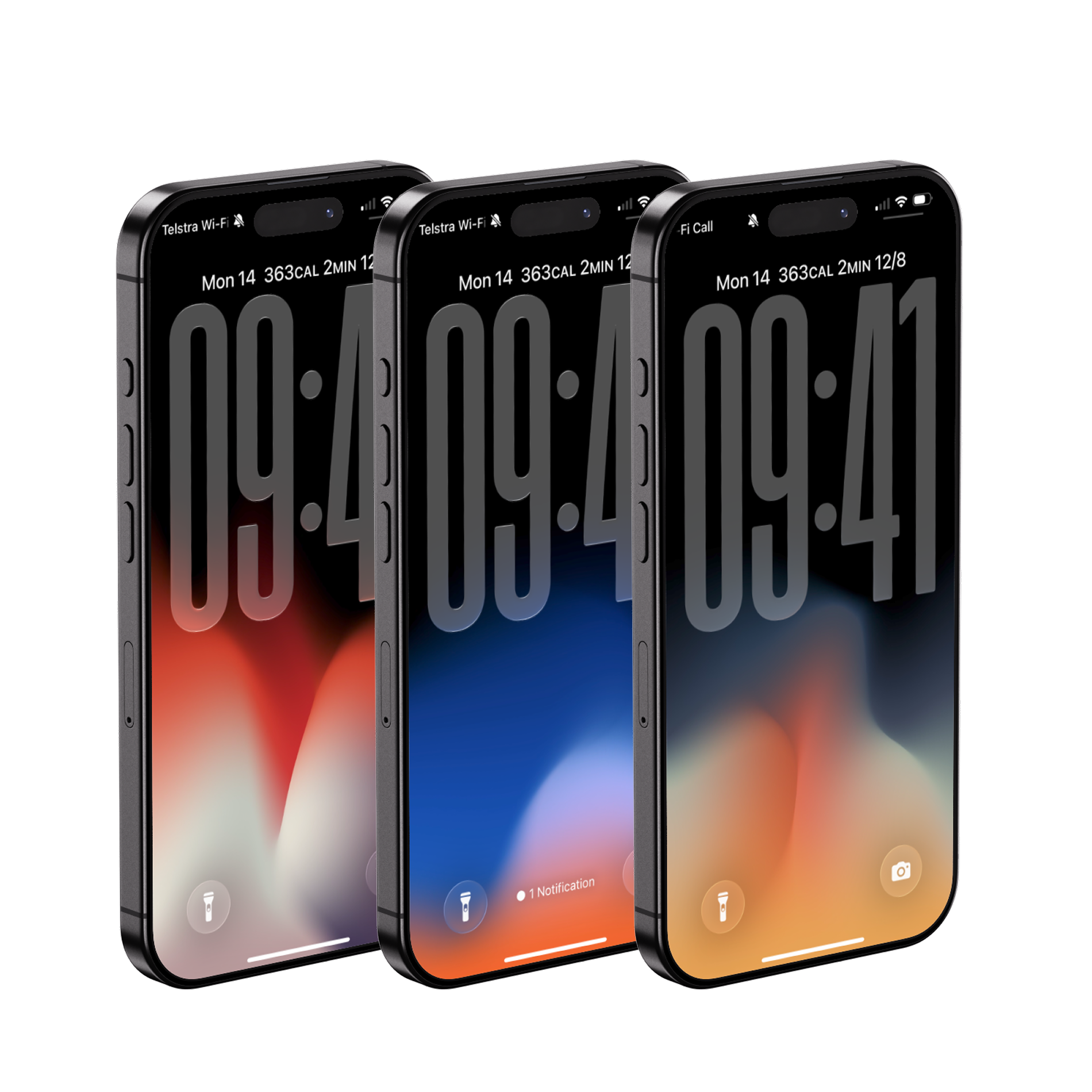 Three iPhone smartphones with illuminated screens showing time, arranged diagonally on a white background.