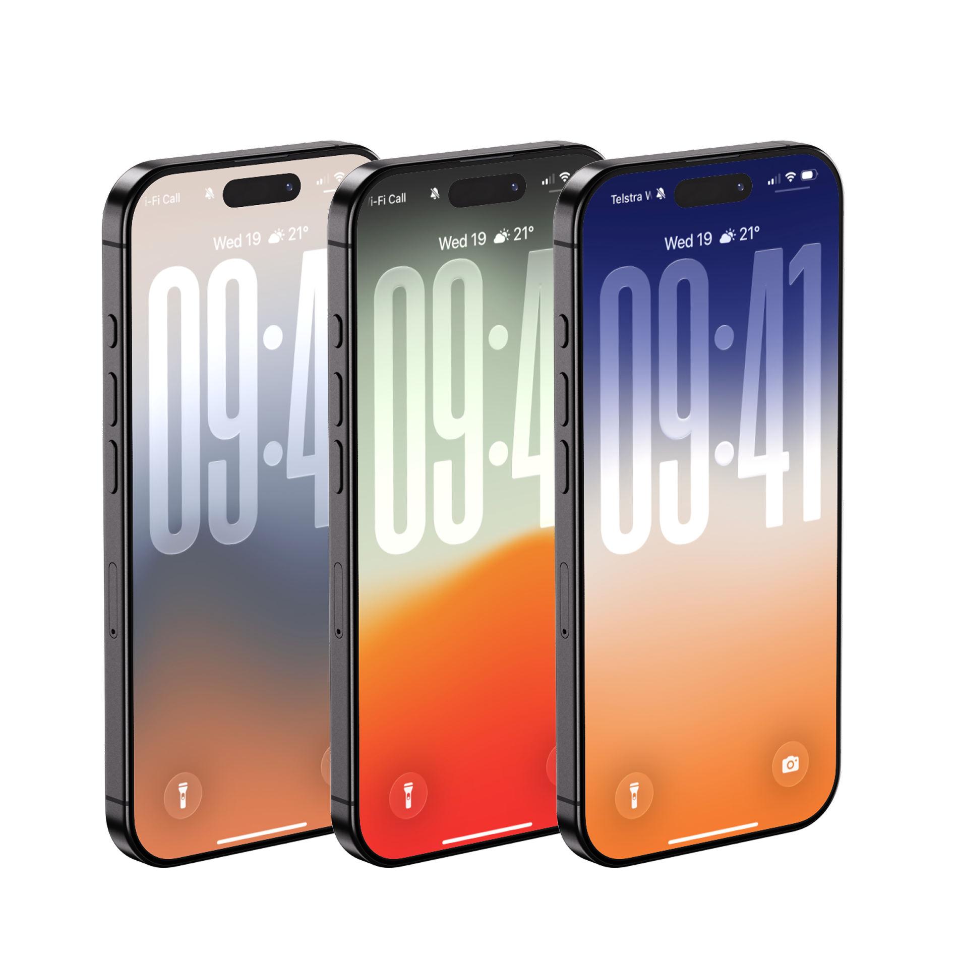 Three modern smartphones in a row with colorful gradient screens, showing the time 9:41, on a white background.