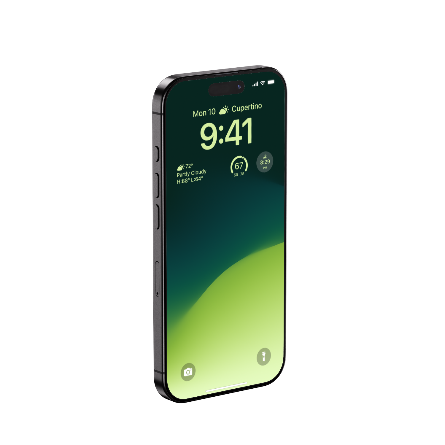 A modern smartphone displaying with lightning green gradient background.