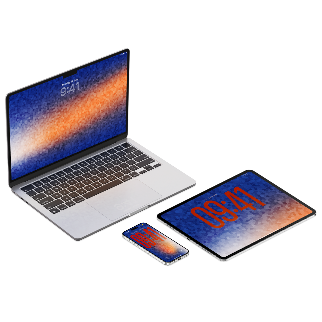 iPhone iPad and MacBook mocks showcasing a stunning wallpaper sets in gradient color of blue and orange with crystal texture overlay.