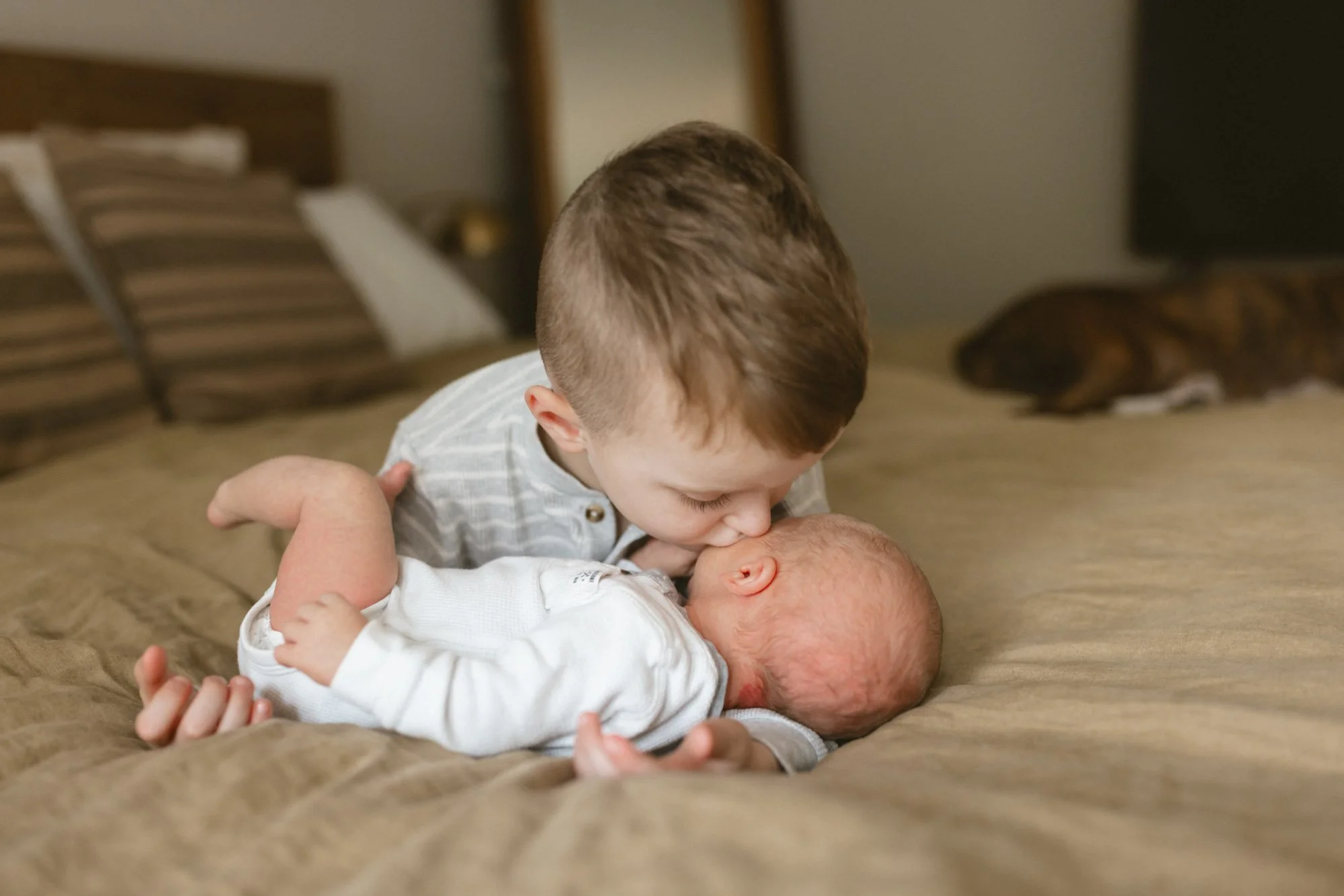 A toddler gently kisses their newborn sibling during a cozy in-home newborn family photography session in the Bellevue and Redmond area by Atsumi Sullivan Photography.