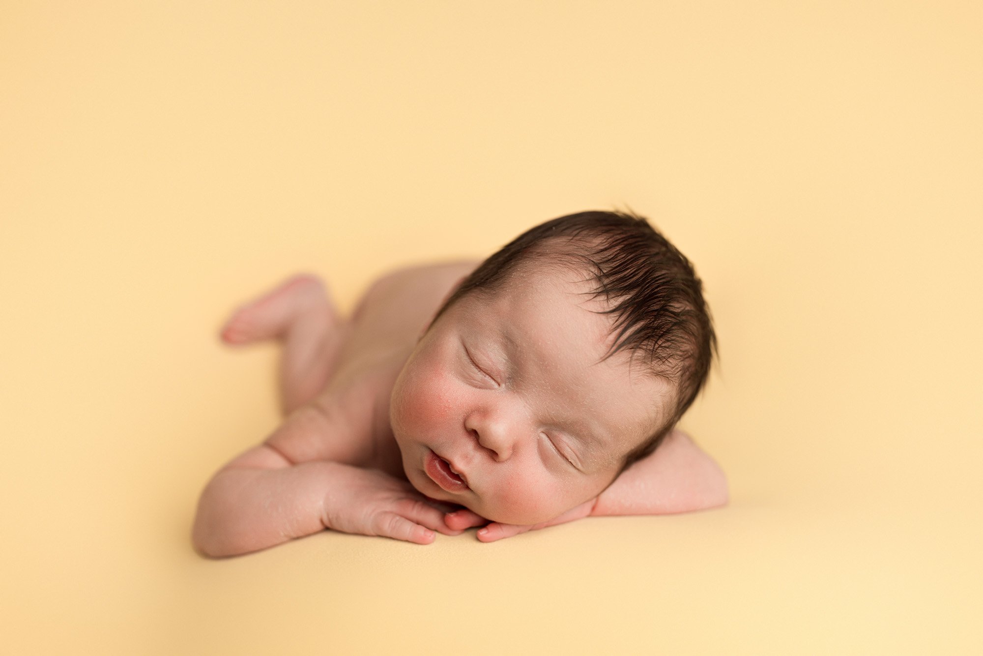 Peacefully sleeping newborn baby posed on a soft cream backdrop during a natural and timeless Seattle newborn photography session.