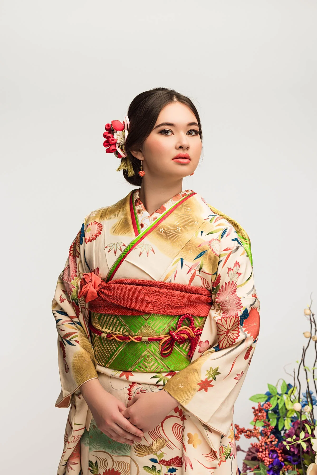 Classic studio portrait of a young woman in a traditional kimono during a coming of age photography session in Kirkland, Washington.