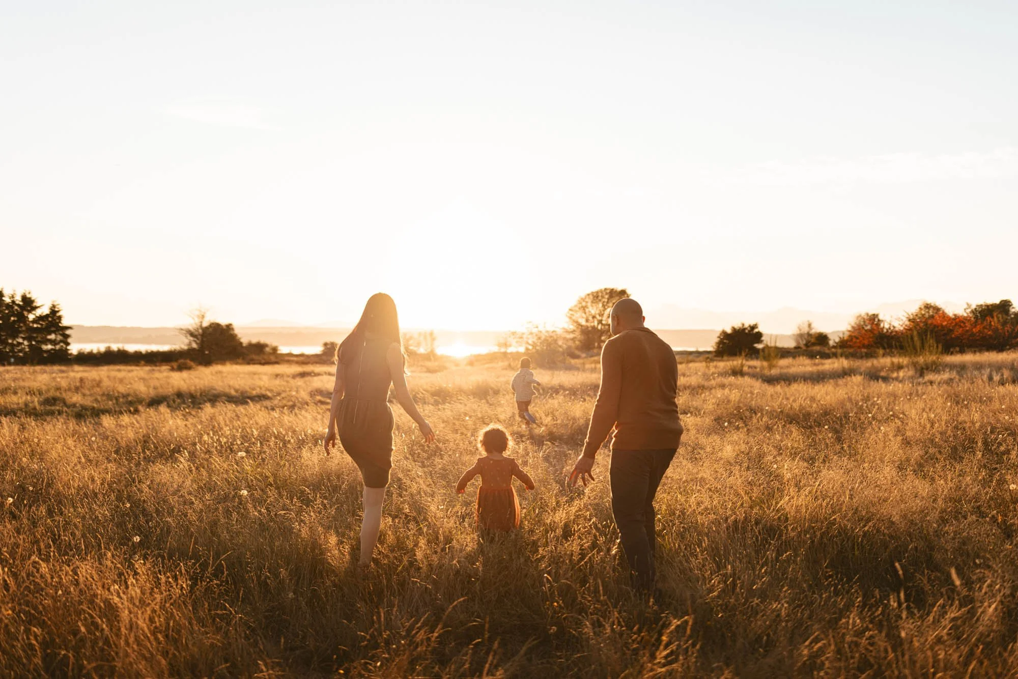 Family walking together through a sunlit field at sunset, children leading the way during a warm outdoor family photography session in Seattle
