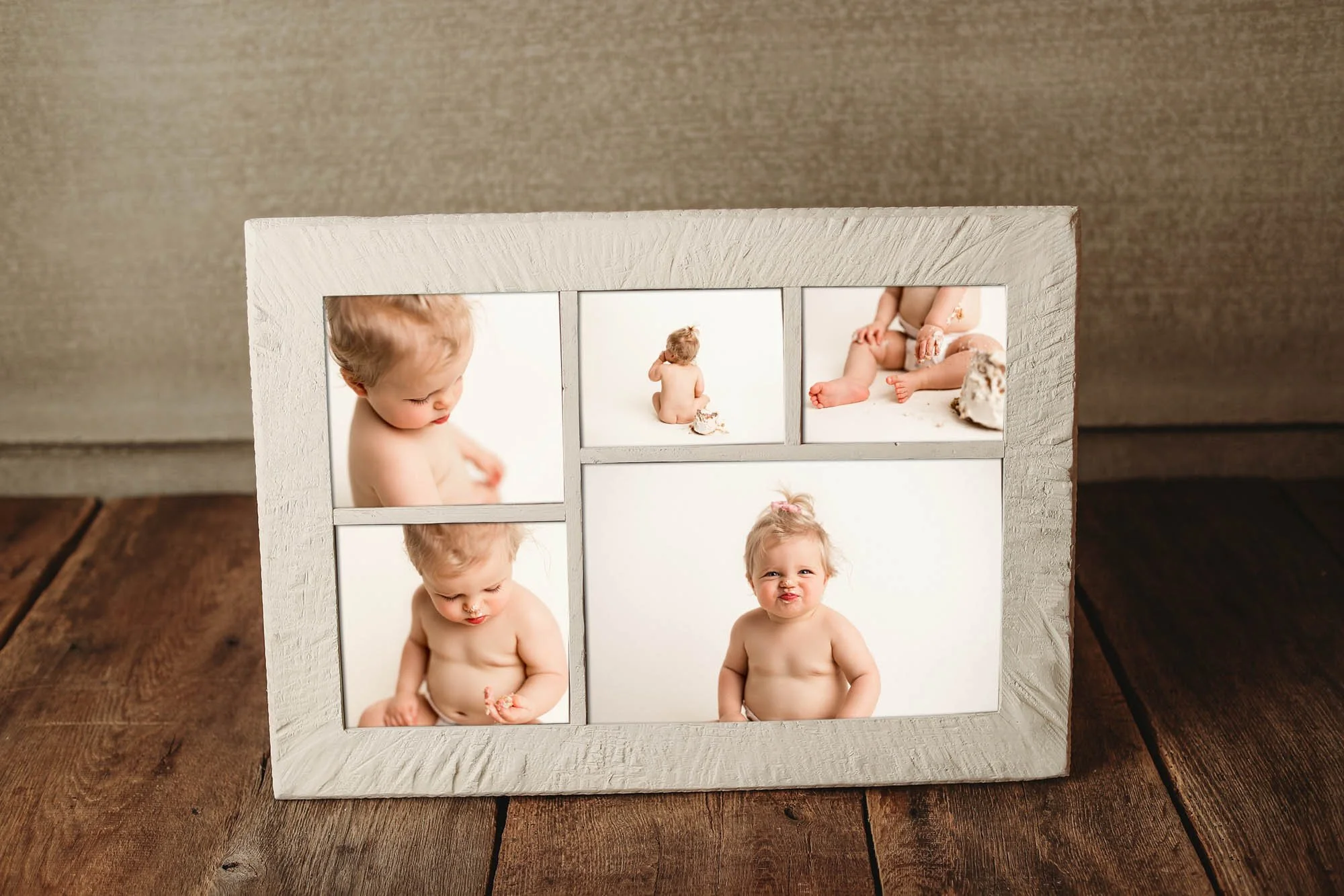 Framed collage of milestone baby photographs from a cake smash session created by Seattle baby and milestone photographer Atsumi Sullivan.