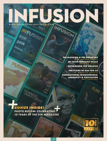 Cover of a magazine titled 'INFUSION' featuring multiple magazine covers and a quote by Faith through Grace. It celebrates 10 years of STD magazine with a bonus photo review. Contains a yellow logo indicating 10 years, issue 30, October 2023.