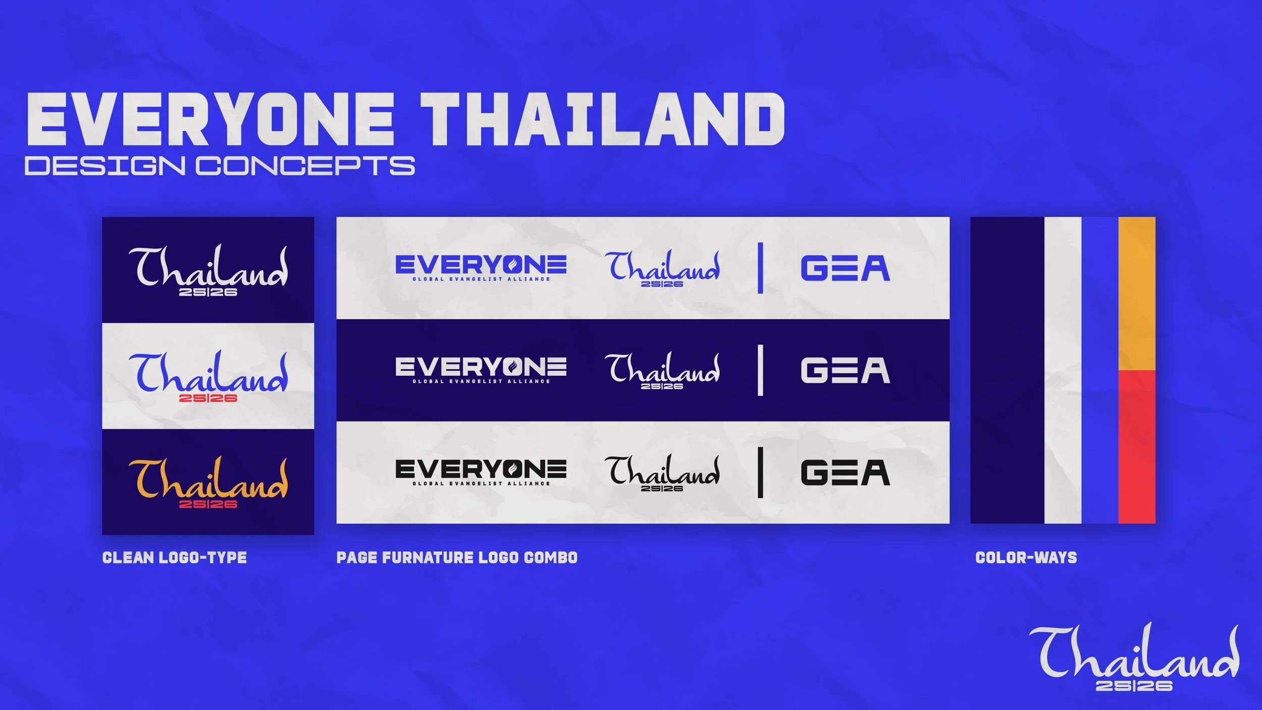 Design concepts for 'Everyone Thailand 25126' logo including three color variations, layout with logo combinations and color palettes, set against a blue background.