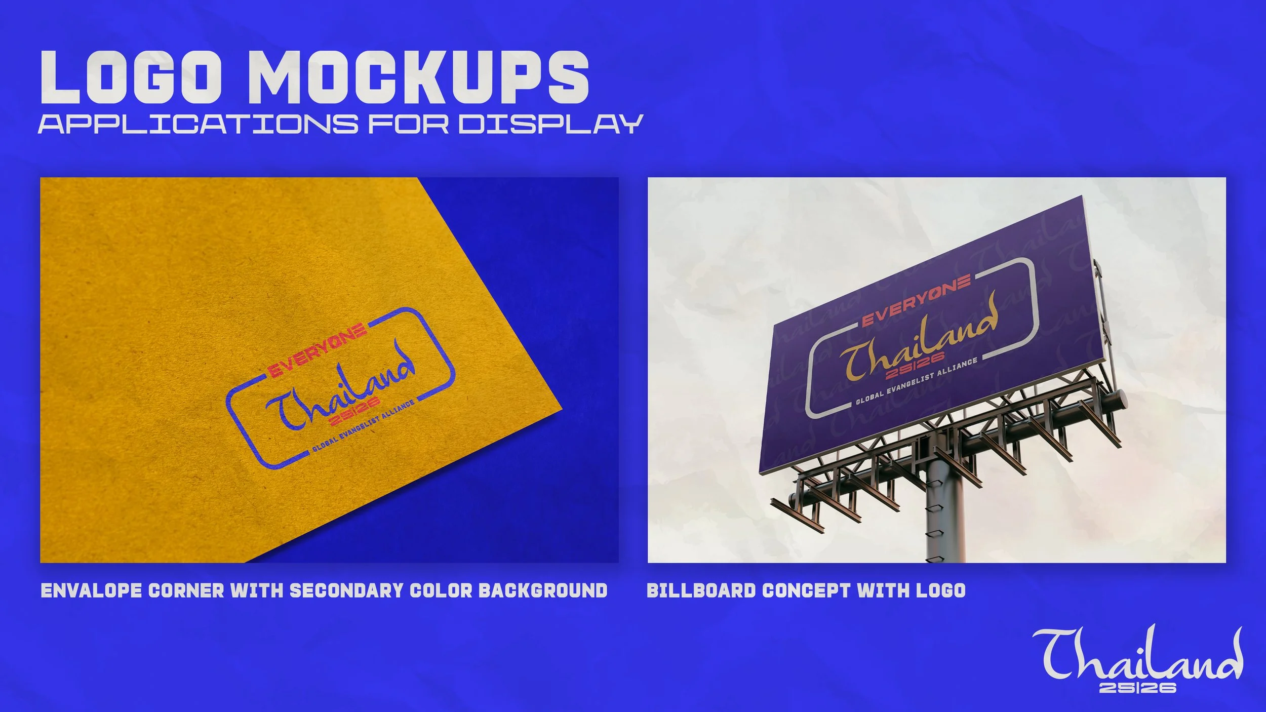 Mockup of a logo on a yellow envelope corner with a secondary color background, and a billboard concept with the same logo on a purple background