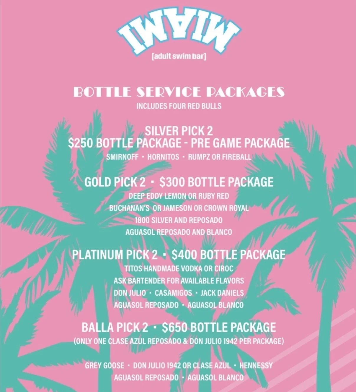 A bar menu for bottle service.