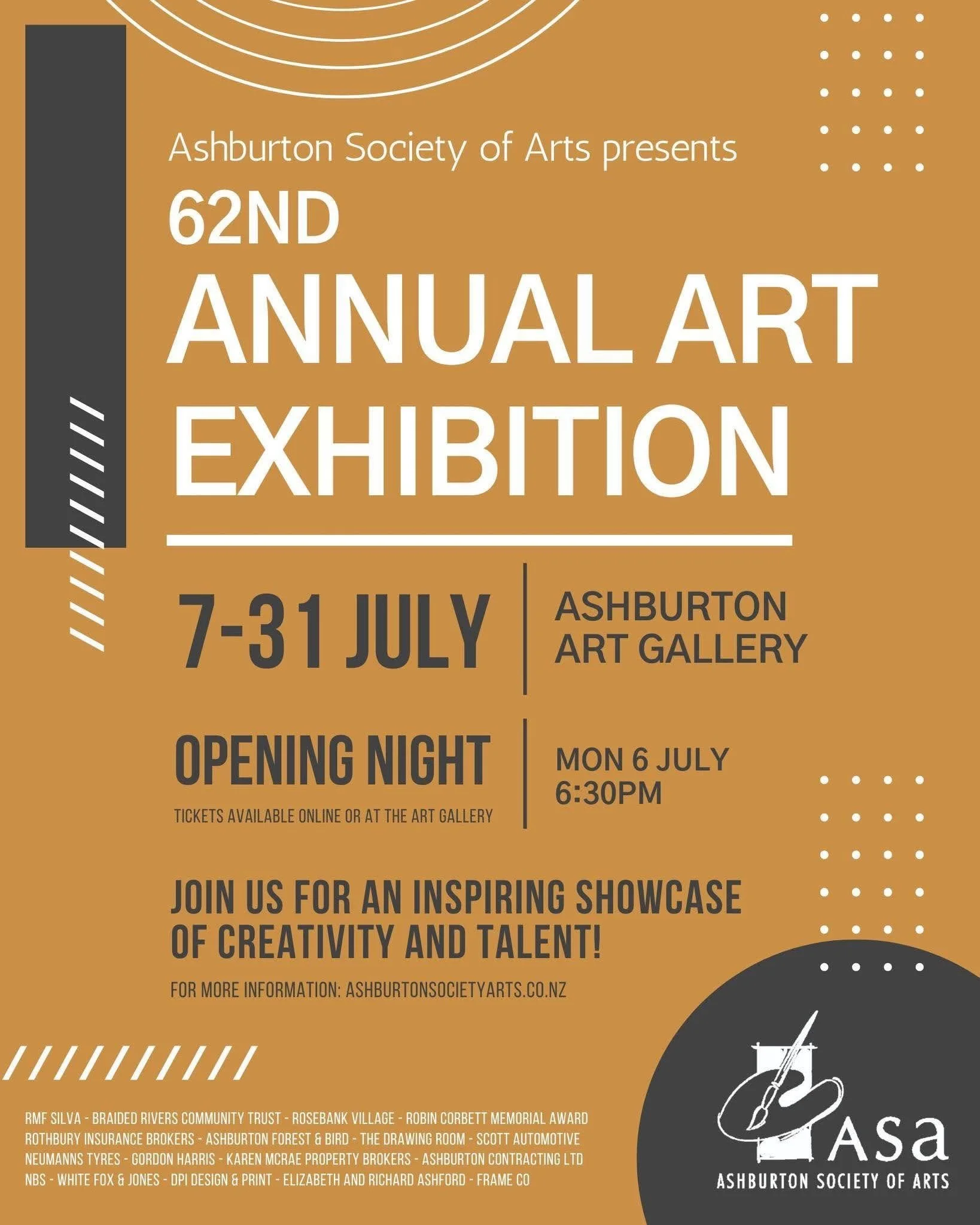 A poster for the 62nd Annual Art Exhibition presented by the Ashburton Society of Arts. The event runs from July 7 to July 31 at the Ashburton Art Gallery, with an opening night on July 6 at 6:30 PM. The poster features a gold and black color scheme with event details, sponsors, and partners listed.