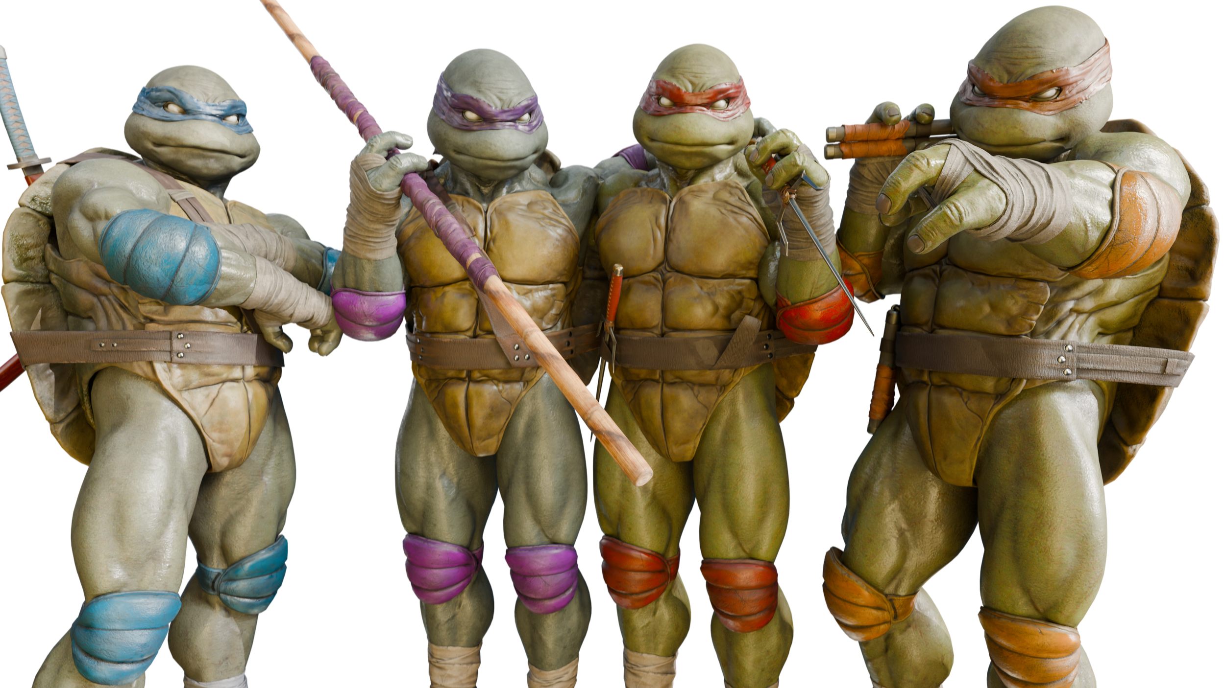 The Teenage Mutant Ninja Turtles, four anthropomorphic turtles with colored masks and weapons standing together.