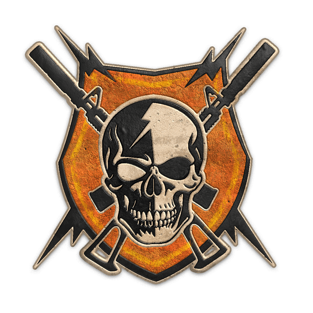 A patch featuring a skull with a lightning bolt and guns crossed behind it, set against an orange and yellow background.
