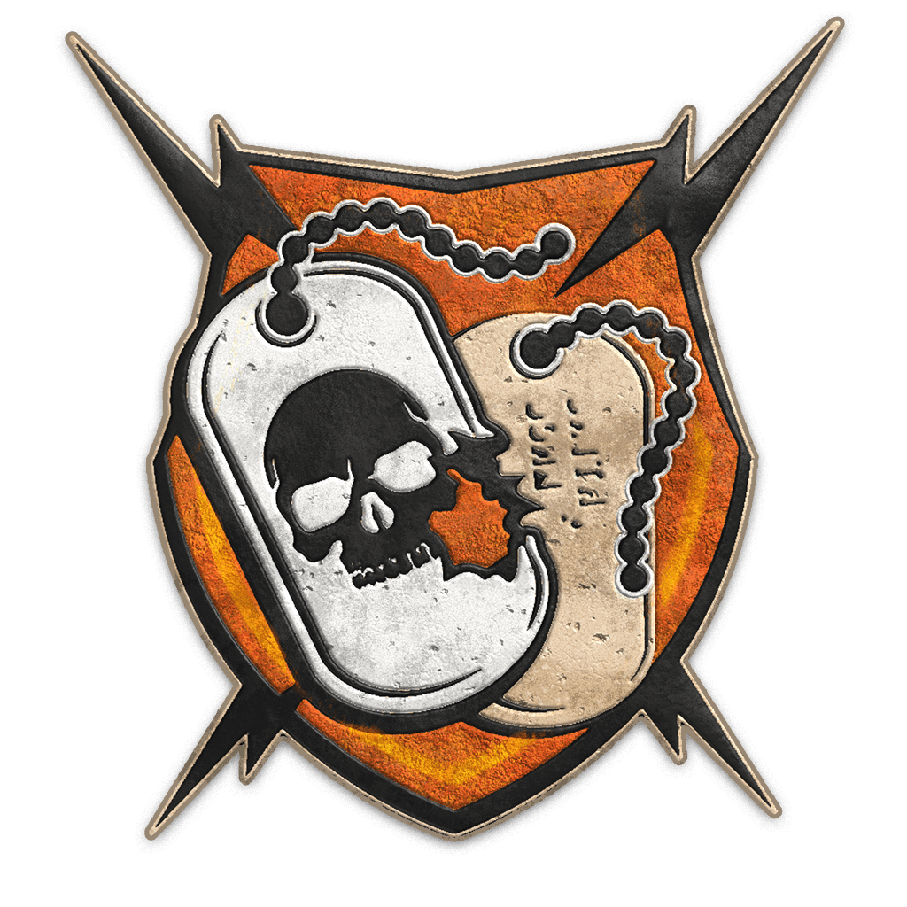 A patch featuring a skull and a grenade with a chain, set against an orange and black background with lightning bolts, in a rugged, stylized design.
