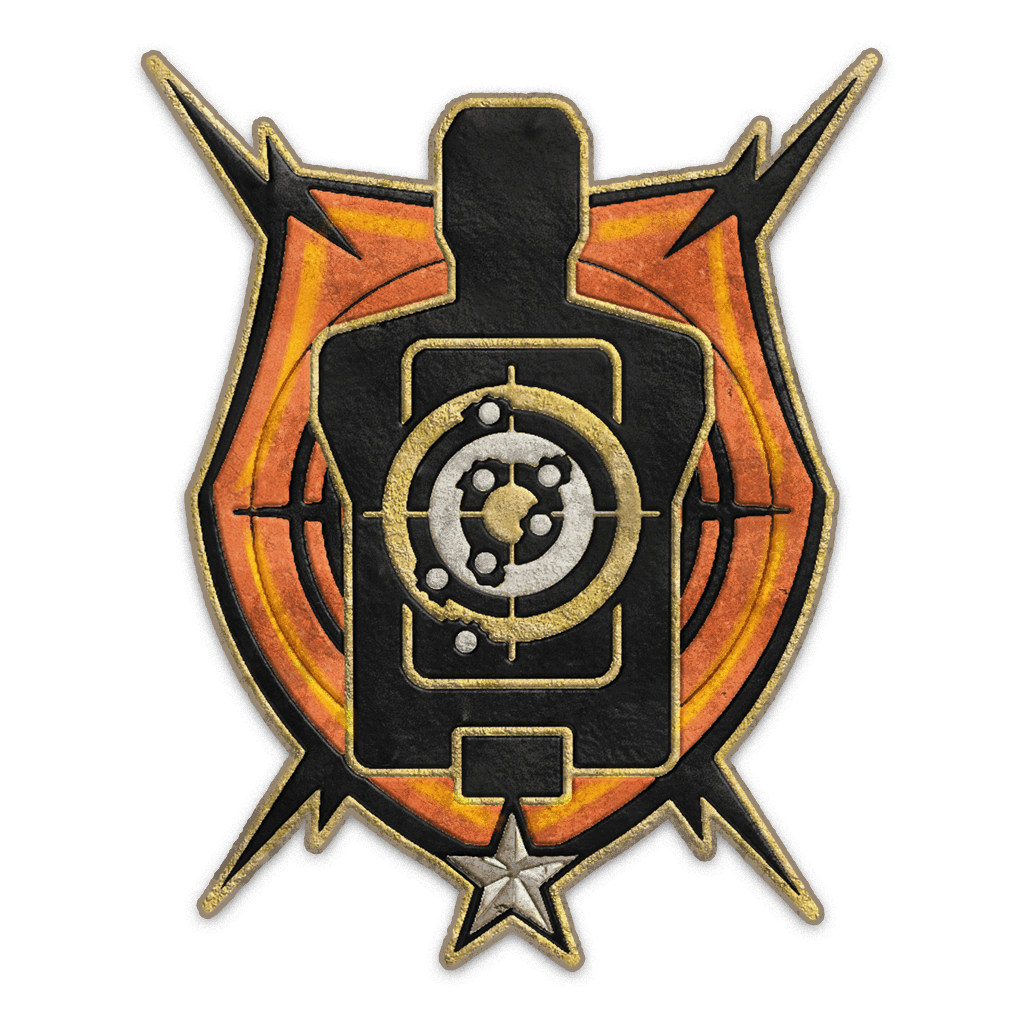 A badge featuring a black silhouette of a person holding a device with target symbols, set against an orange shield with lightning bolt accents and a star at the bottom.