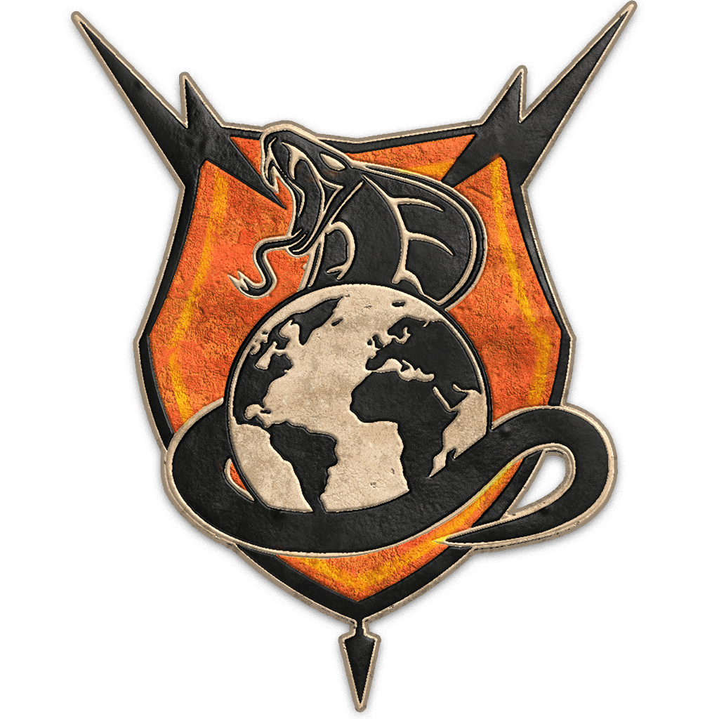 A patch with a dragon, a globe, and a shield background in orange and black colors.