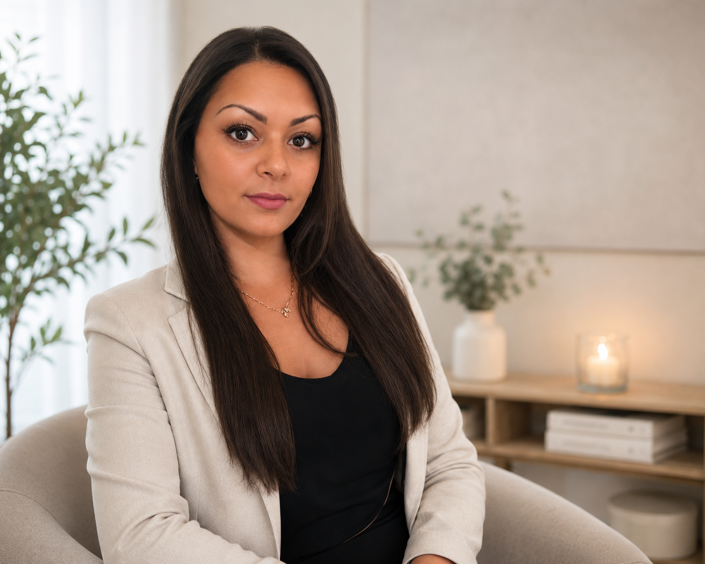 Junge Frau mit dunklem Haar, schwarzen Shirt und beige Blazer sitzt in einem gemütlichen Raum mit Pflanzen und Kerzen, blickt in die Kamera.